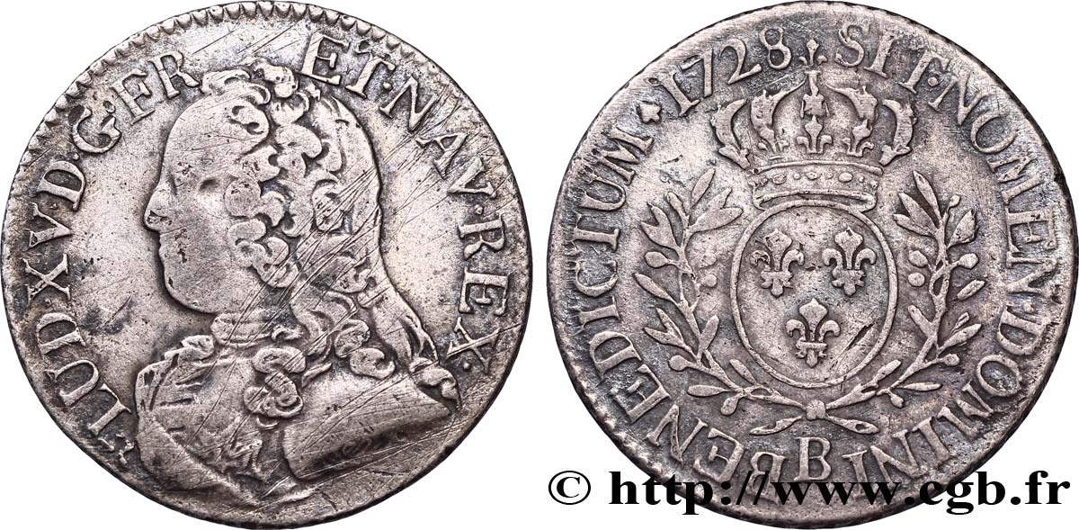 LOUIS XV DIT LE BIEN AIMÉ Cinquième d&nbsp;écu aux branches d&nbsp;olivier, buste habillé 1728 Rouen TTB