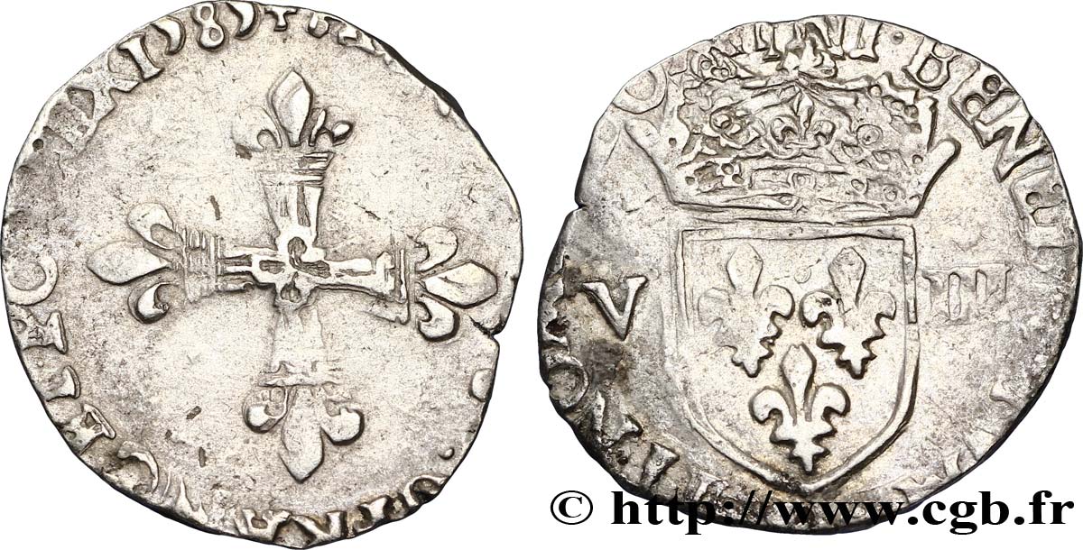 HENRI III Huitième d écu, croix de face 1585 Rennes TB+