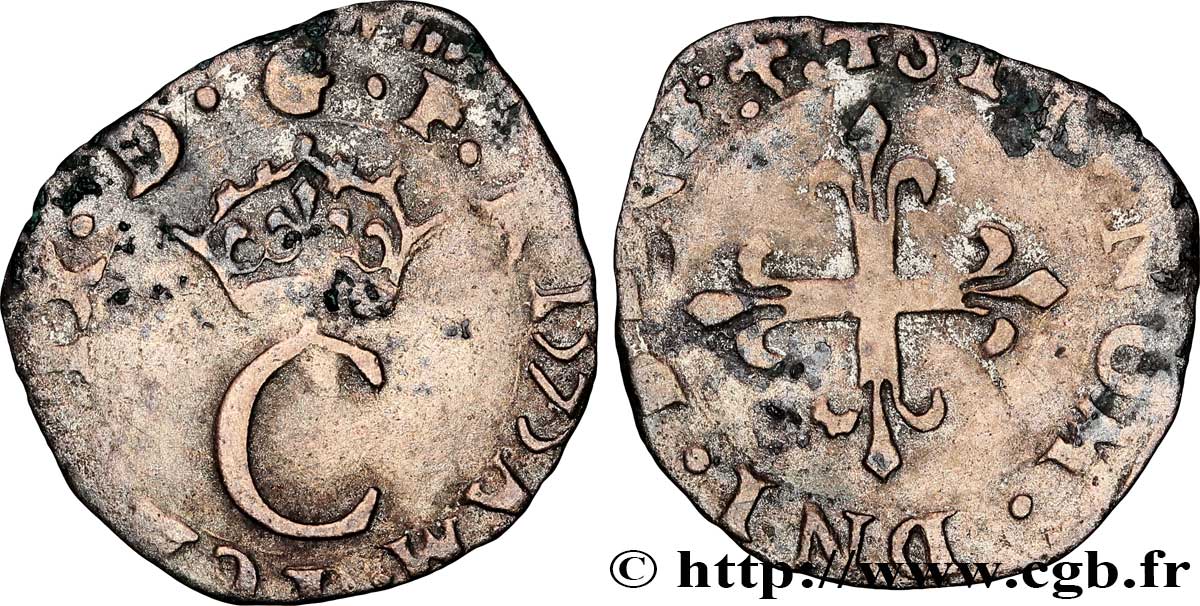 HENRY III. COINAGE AT THE NAME OF CHARLES IX Liard au C couronné, 2e émission 1575 Lyon q.BB
