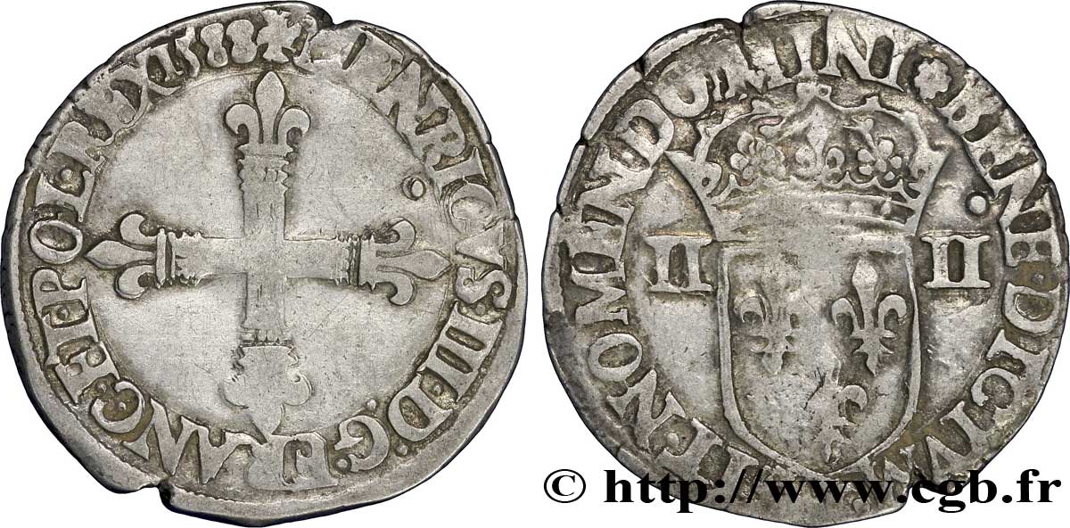 HENRI III Quart d&nbsp;écu, croix de face 1588 Nantes TB+