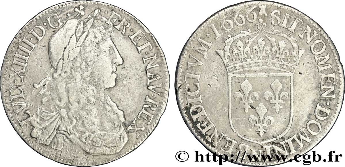 LOUIS XIV LE GRAND OU LE ROI SOLEIL Demi-écu, portrait apollinien 1666 Montpellier TTB