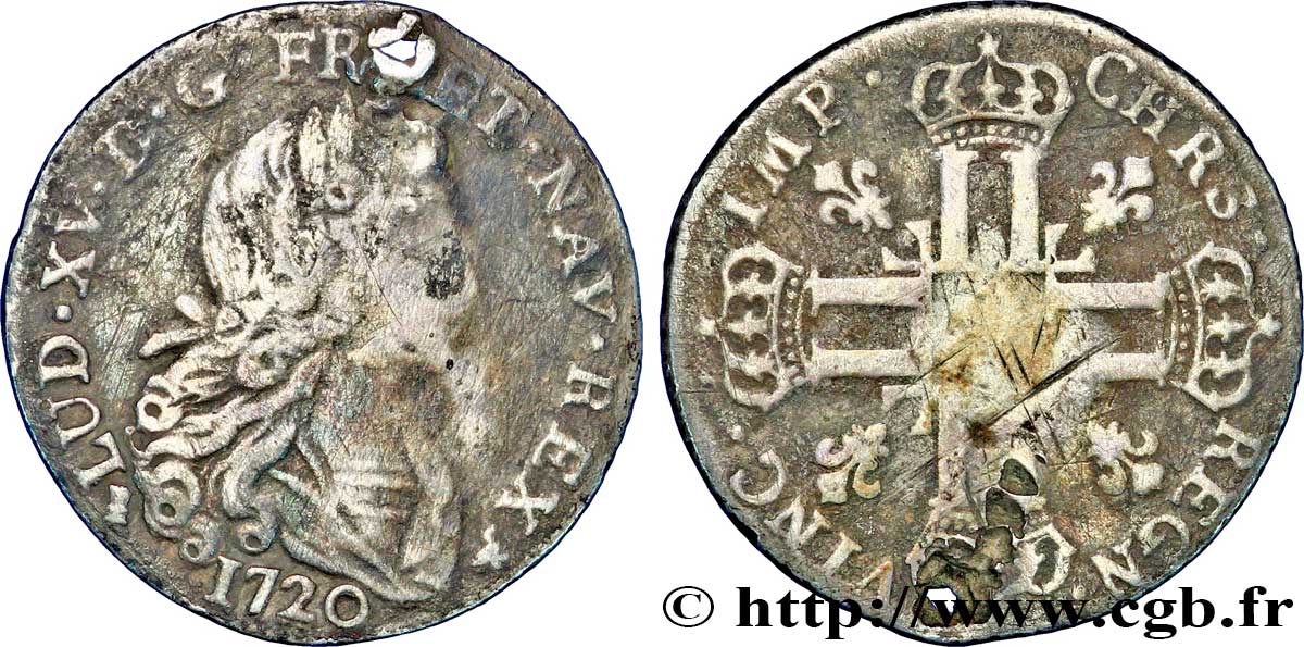 LOUIS XV DIT LE BIEN AIMÉ Louis d’argent à la croix aux huit L couronnées 1720 Rennes B
