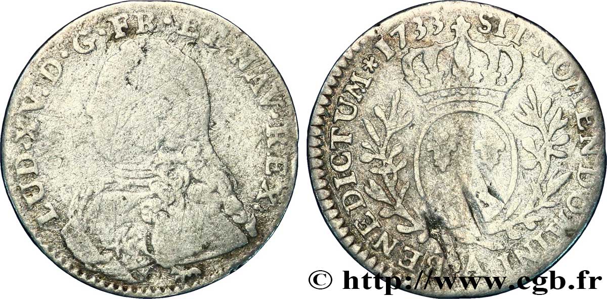 LOUIS XV DIT LE BIEN AIMÉ Dixième d’écu aux branches d’olivier, buste habillé 1733 Paris B