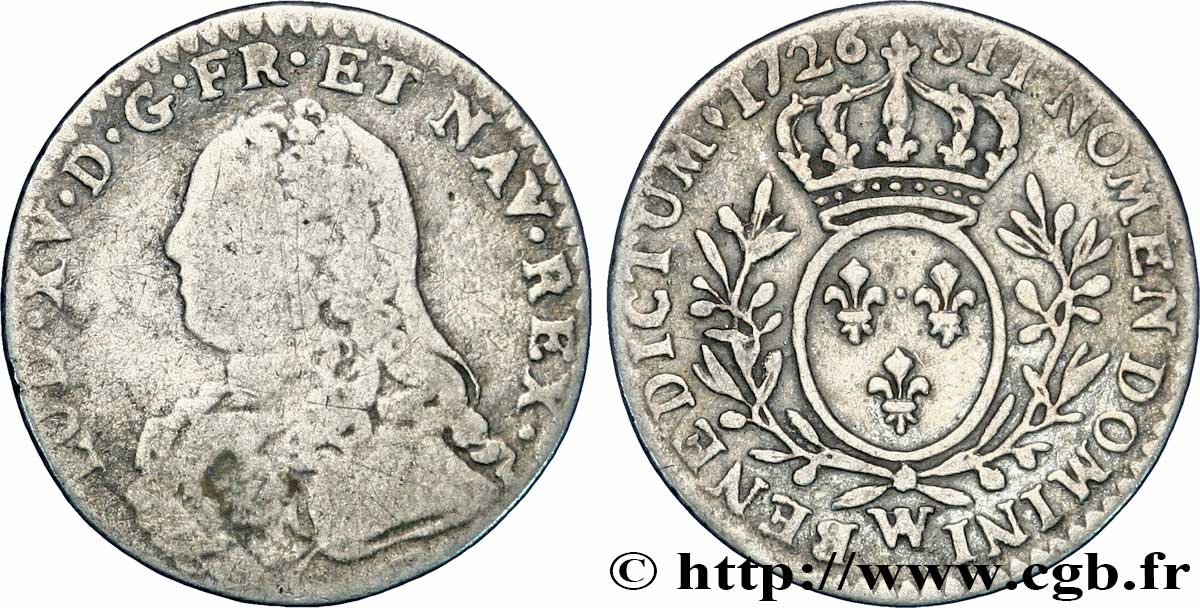 LOUIS XV DIT LE BIEN AIMÉ Dixième d’écu aux branches d’olivier, buste habillé 1726 Lille TB