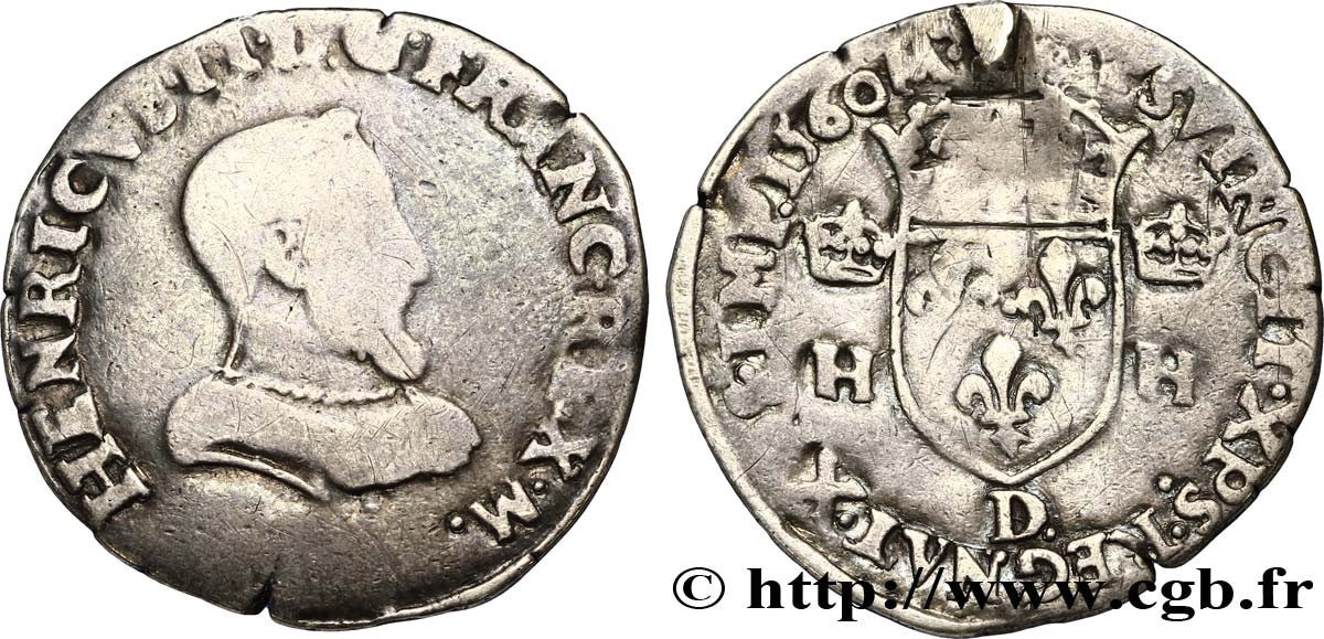 FRANÇOIS II. MONNAYAGE AU NOM D&nbsp;HENRI II Demi-teston à la tête nue, 1er type 1560 Lyon TB
