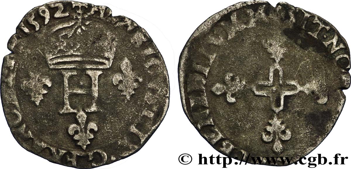 LIGUE. COINAGE AT THE NAME OF HENRY III Double sol parisis, 2e type 1592 Martigues BC+