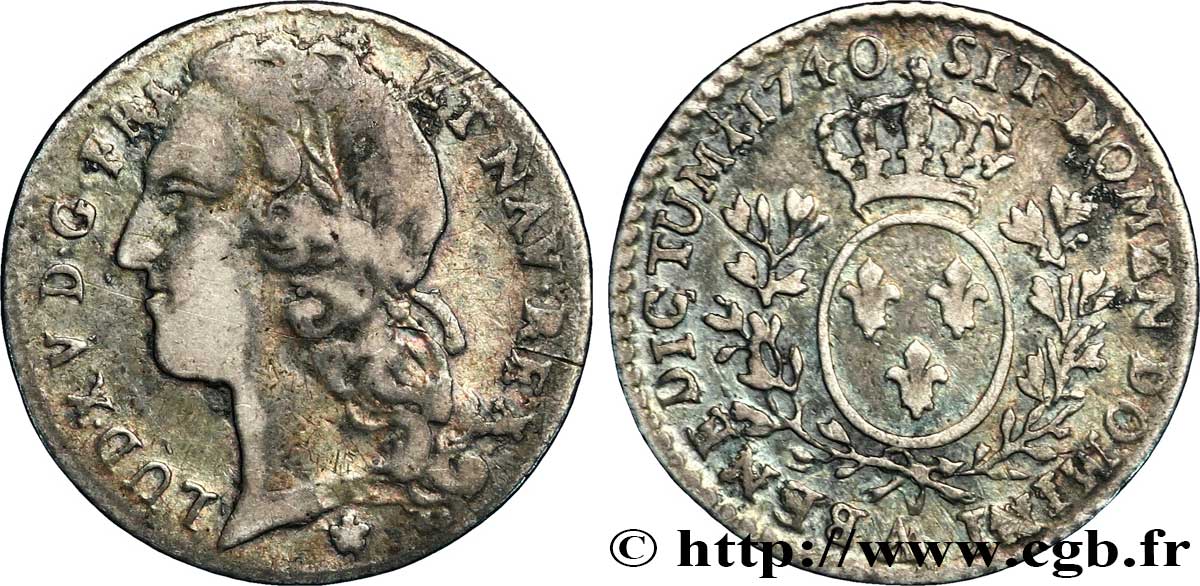 LOUIS XV DIT LE BIEN AIMÉ Dixième d&nbsp;écu aux branches d’olivier, tête ceinte d’un bandeau 1740 Metz TB