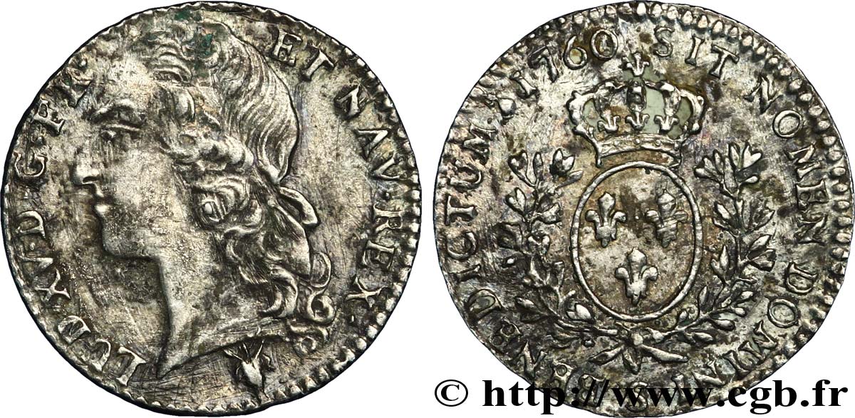 LOUIS XV  THE WELL-BELOVED  Dixième d écu aux branches d’olivier, tête ceinte d’un bandeau 1760 Reims VZ