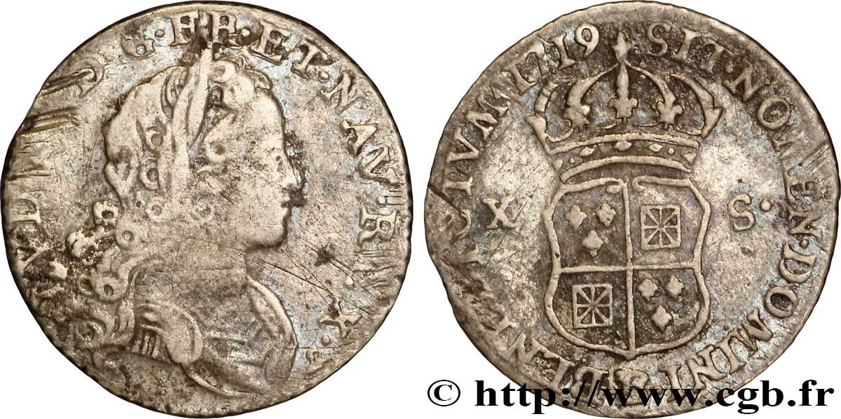LOUIS XV DIT LE BIEN AIMÉ X sols de Navarre 1719 Rouen TB+