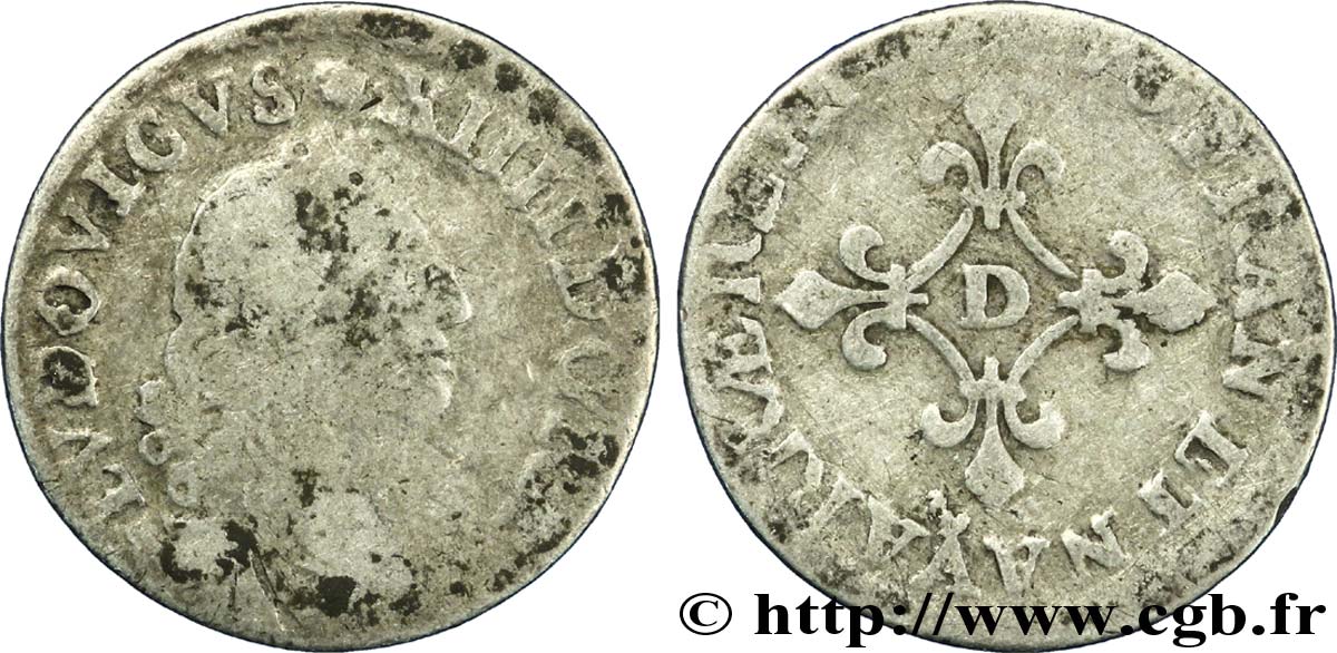 LOUIS XIV LE GRAND OU LE ROI SOLEIL Quatre sols à la croix formée de lis 1676 Vimy-en-Lyonnais (actuellement Neuville-sur-Saône) B