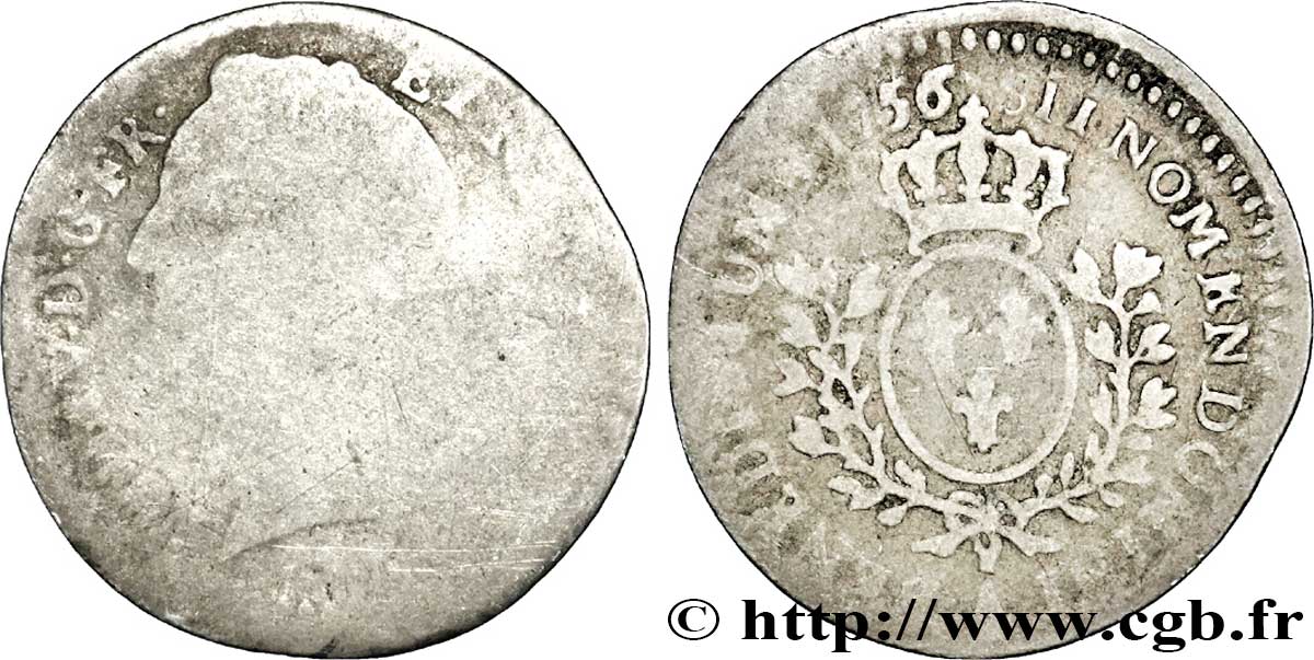 LOUIS XV DIT LE BIEN AIMÉ Vingtième d&nbsp;écu aux branches d’olivier, tête ceinte d’un bandeau 1756 Paris AB/B+