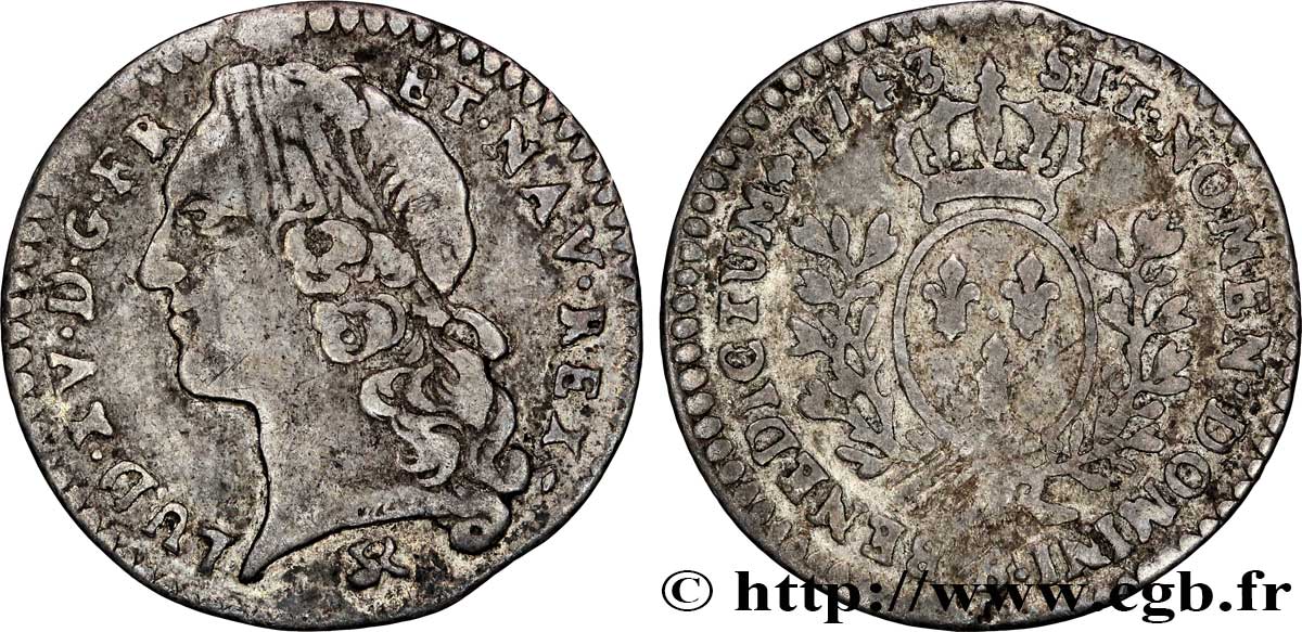 LOUIS XV DIT LE BIEN AIMÉ Vingtième d&nbsp;écu aux branches d’olivier, tête ceinte d’un bandeau 1743 Rouen TB+