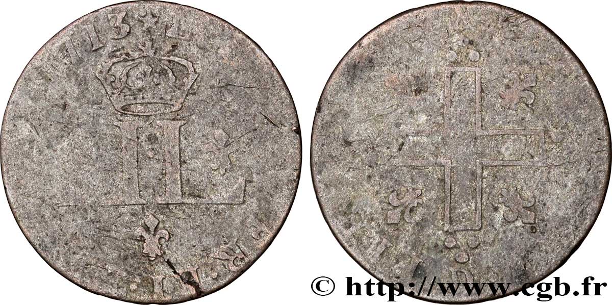LOUIS XIV LE GRAND OU LE ROI SOLEIL XXX deniers aux 2 L couronnées 1713 Lyon TB