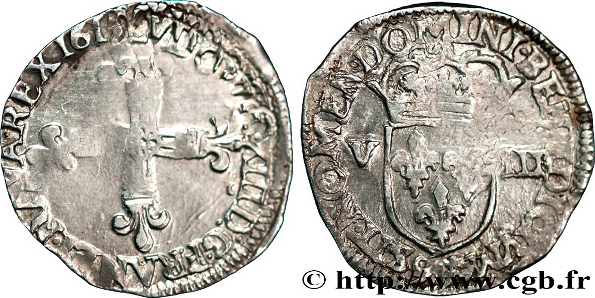 LOUIS XIII LE JUSTE Huitième d écu, à la croix fleurdelisée, titulature côté croix 1615 Rennes TB+