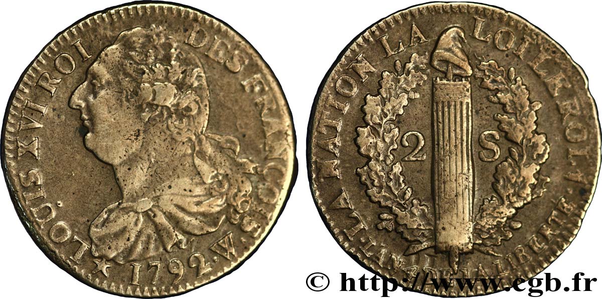 LOUIS XVI (MONARQUE CONSTITUTIONNEL)  2 sols dit  au faisceau , type FRANCOIS 1792 Lille TB+