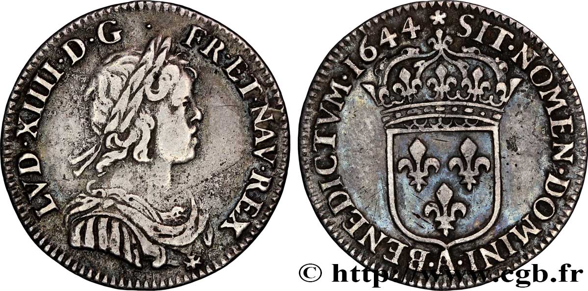 LOUIS XIV LE GRAND OU LE ROI SOLEIL Douzième d&nbsp;écu, portrait à la mèche courte 1644 Paris, Monnaie de Matignon TTB