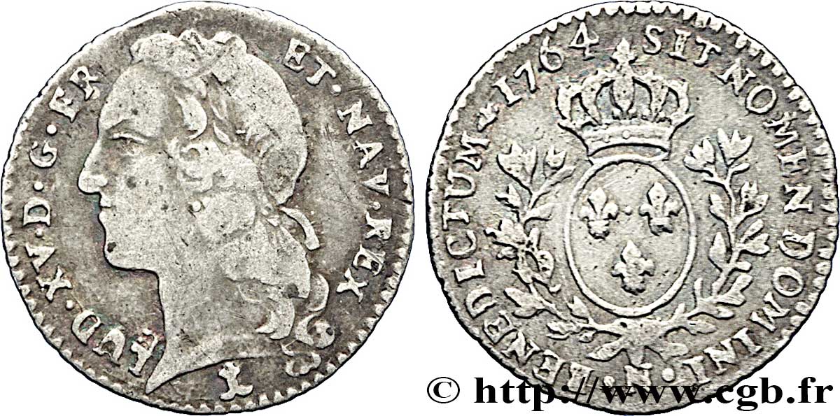 LOUIS XV DIT LE BIEN AIMÉ Dixième d&nbsp;écu aux branches d’olivier, tête ceinte d’un bandeau 1764 Montpellier TB+