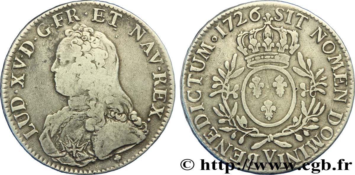 LOUIS XV DIT LE BIEN AIMÉ Écu aux branches d&nbsp;olivier, buste habillé 1726 Troyes TB/TB+