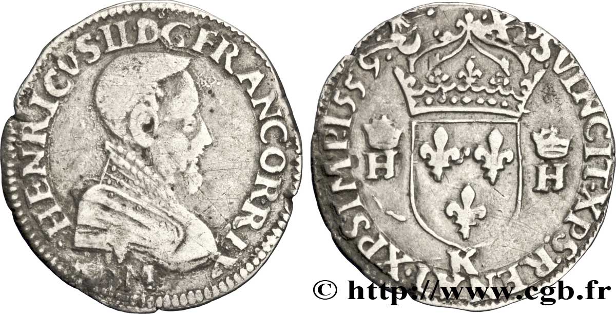 FRANÇOIS II. MONNAYAGE AU NOM D&nbsp;HENRI II Demi-teston à la tête nue, 3e type 1559 Bordeaux TB+/TTB