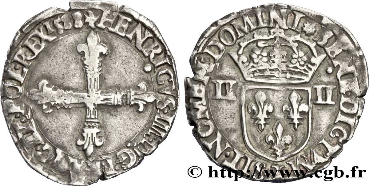 HENRI III Quart d écu, croix de face 1588 Nantes TB+/TTB