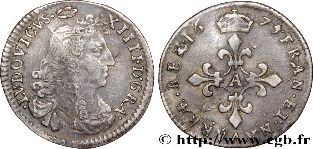 LOUIS XIV  THE SUN KING  Quatre sols à la croix formée de lis 1675 Paris BC