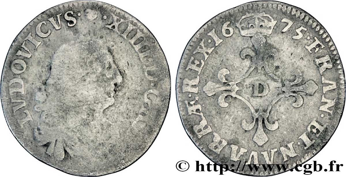 LOUIS XIV LE GRAND OU LE ROI SOLEIL Quatre sols à la croix formée de lis 1675 Lyon ou Vimy-en-Lyonnais B+