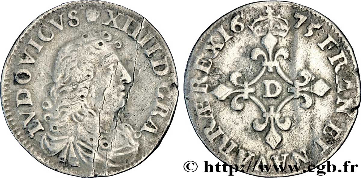 LOUIS XIV LE GRAND OU LE ROI SOLEIL Quatre sols à la croix formée de lis 1675 Lyon ou Vimy-en-Lyonnais TB+