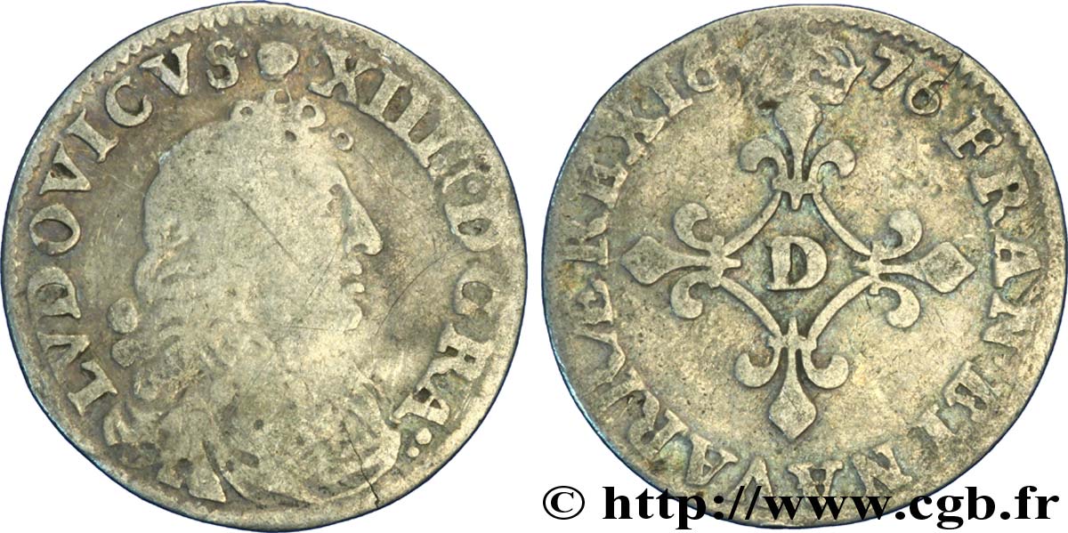 LOUIS XIV LE GRAND OU LE ROI SOLEIL Quatre sols à la croix formée de lis 1676 Vimy-en-Lyonnais (actuellement Neuville-sur-Saône) B