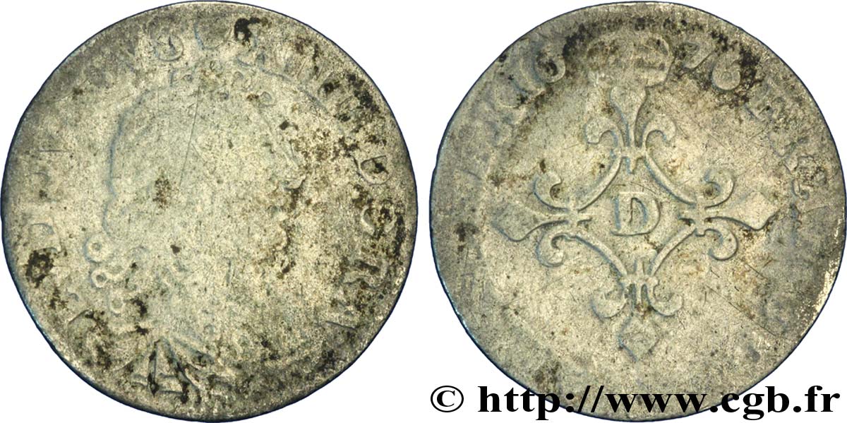 LOUIS XIV LE GRAND OU LE ROI SOLEIL Quatre sols à la croix formée de lis 1676 Vimy-en-Lyonnais (actuellement Neuville-sur-Saône) B