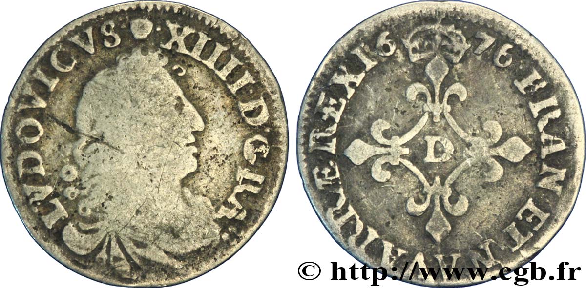 LOUIS XIV LE GRAND OU LE ROI SOLEIL Quatre sols à la croix formée de lis 1676 Vimy-en-Lyonnais (actuellement Neuville-sur-Saône) TB