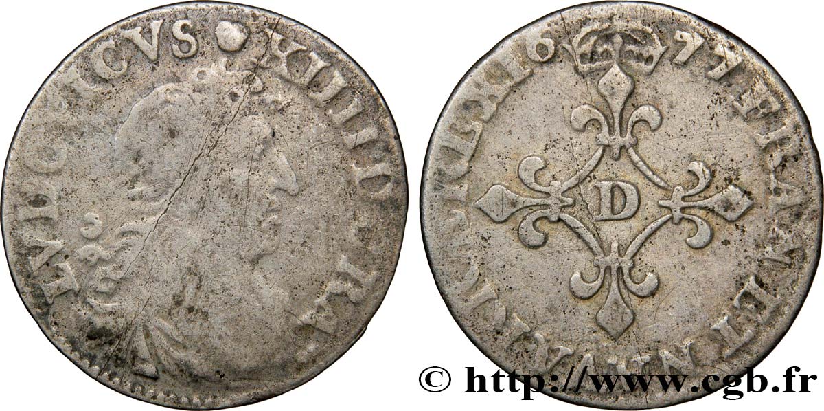 LOUIS XIV LE GRAND OU LE ROI SOLEIL Quatre sols à la croix formée de lis 1677 Vimy-en-Lyonnais (actuellement Neuville-sur-Saône) B+