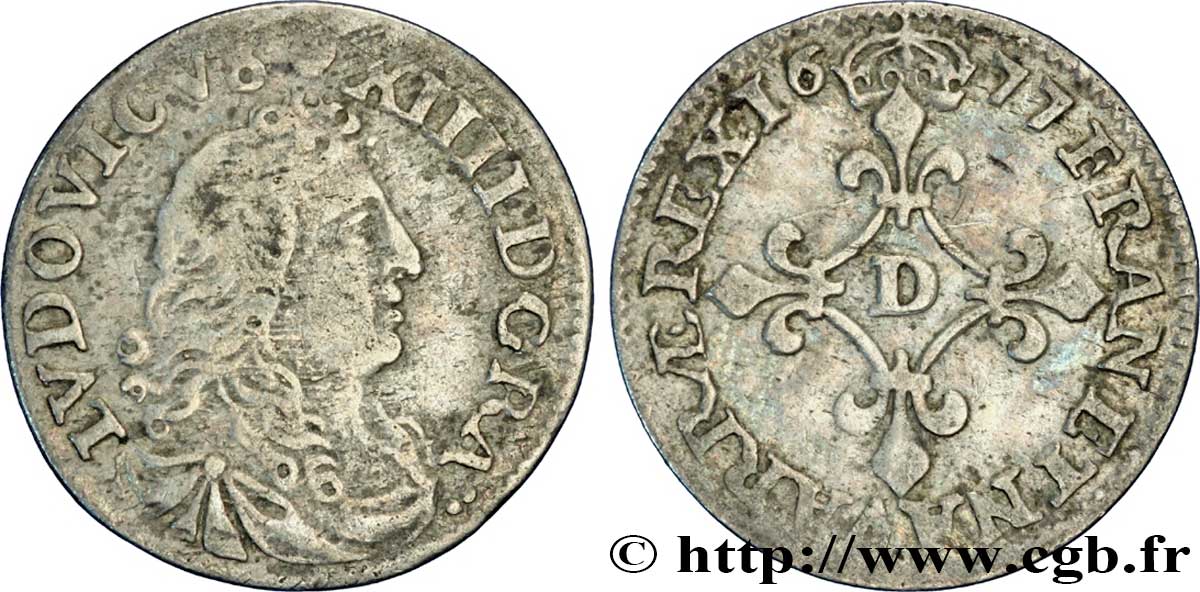 LOUIS XIV LE GRAND OU LE ROI SOLEIL Quatre sols à la croix formée de lis 1677 Vimy-en-Lyonnais (actuellement Neuville-sur-Saône) TB+