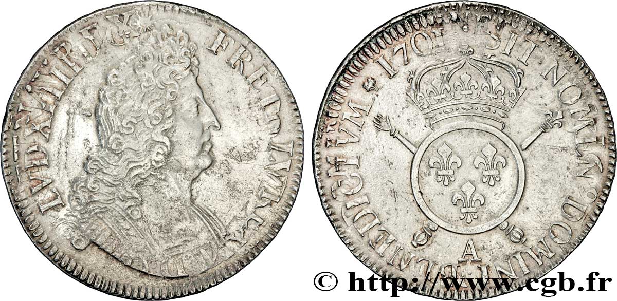 LOUIS XIV LE GRAND OU LE ROI SOLEIL Écu aux insignes 1701 Paris TTB