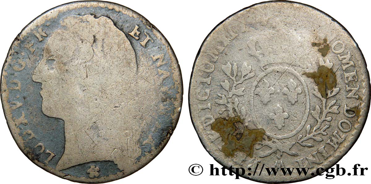 LOUIS XV DIT LE BIEN AIMÉ Dixième d&nbsp;écu aux branches d’olivier, tête ceinte d’un bandeau n.d. Metz AB