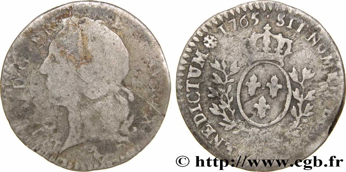 LOUIS XV DIT LE BIEN AIMÉ Vingtième d&nbsp;écu aux branches d’olivier, tête ceinte d’un bandeau 1765 Paris B/B+