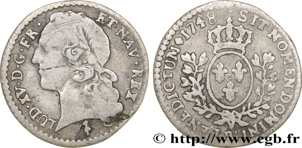 LOUIS XV DIT LE BIEN AIMÉ Vingtième d&nbsp;écu aux branches d’olivier, tête ceinte d’un bandeau 1748 Lille TB