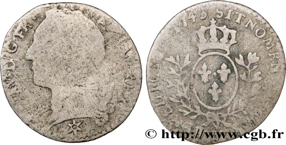 LOUIS XV DIT LE BIEN AIMÉ Vingtième d&nbsp;écu aux branches d’olivier, tête ceinte d’un bandeau 1743 Toulouse AB