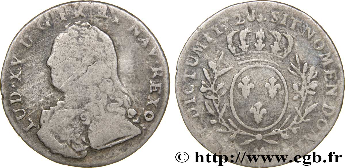 LOUIS XV DIT LE BIEN AIMÉ Dixième d’écu aux branches d’olivier, buste habillé 1726 Metz B+