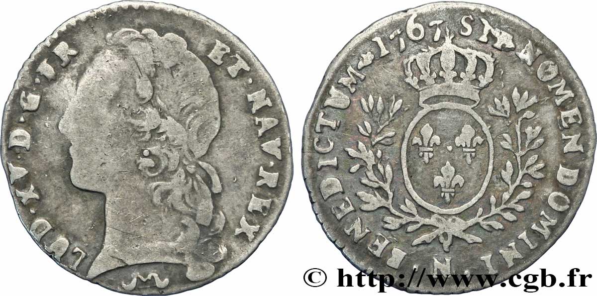 LOUIS XV DIT LE BIEN AIMÉ Dixième d&nbsp;écu aux branches d’olivier, tête ceinte d’un bandeau 1767 Montpellier TB+