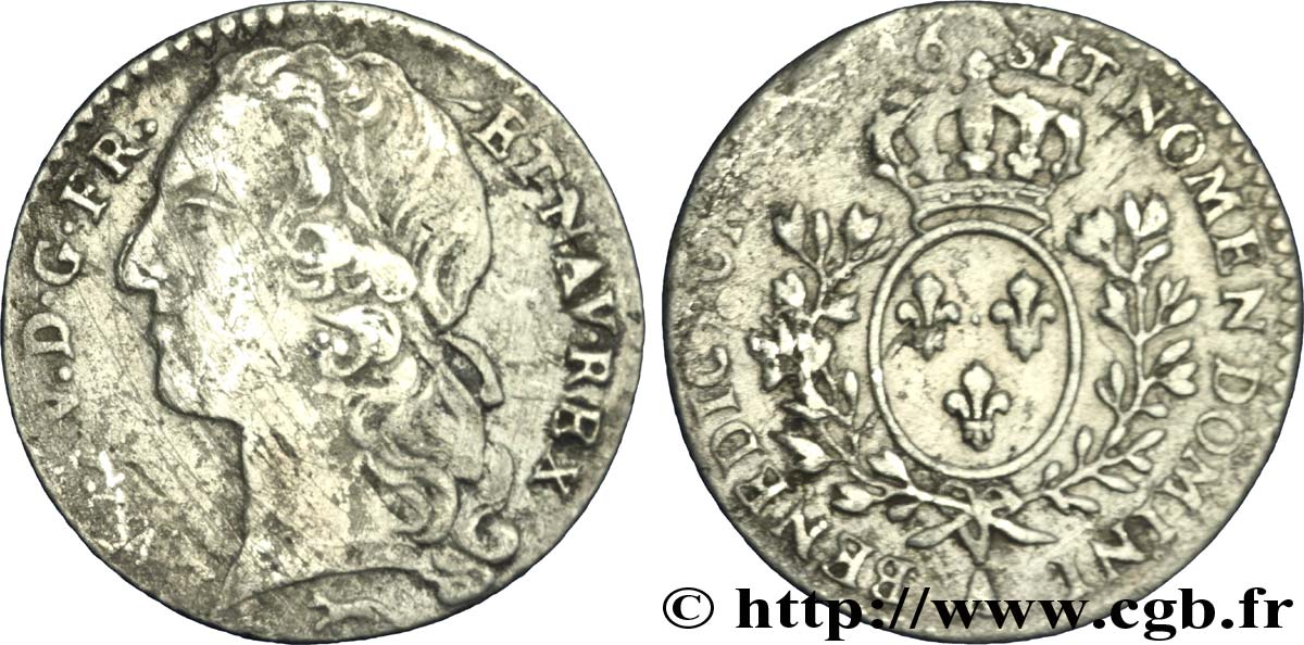 LOUIS XV &nbsp;THE WELL-BELOVED&nbsp; Dixième d&nbsp;écu aux branches d’olivier, tête ceinte d’un bandeau 1746 Paris XF