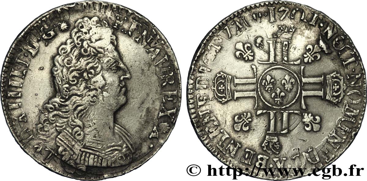 LOUIS XIV  THE SUN KING  Écu aux huit L, 2e type n.d. Bourges VF