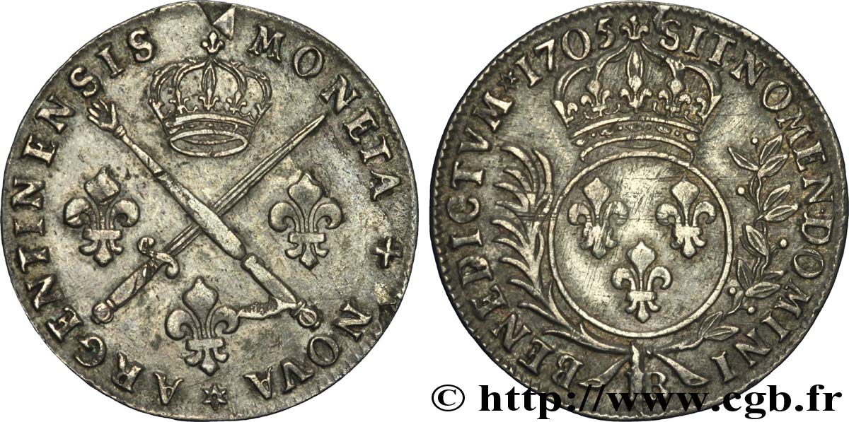 LOUIS XIV  THE SUN KING  Trente-trois sols aux insignes 1705 Strasbourg MB