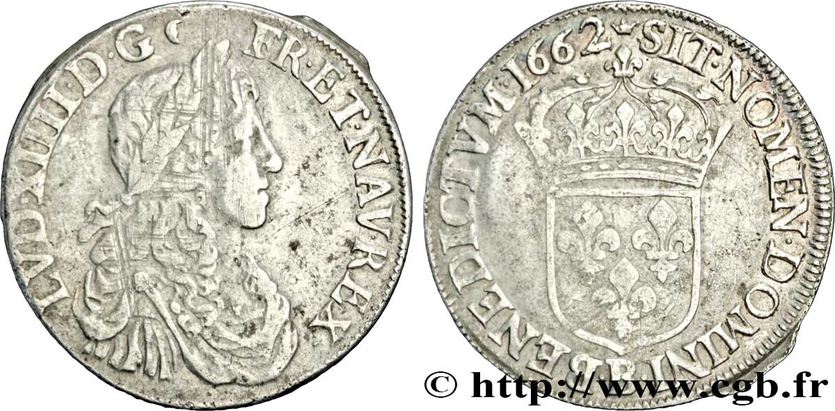 LOUIS XIV LE GRAND OU LE ROI SOLEIL Demi-écu, portrait apollinien 1662 Rouen TB+