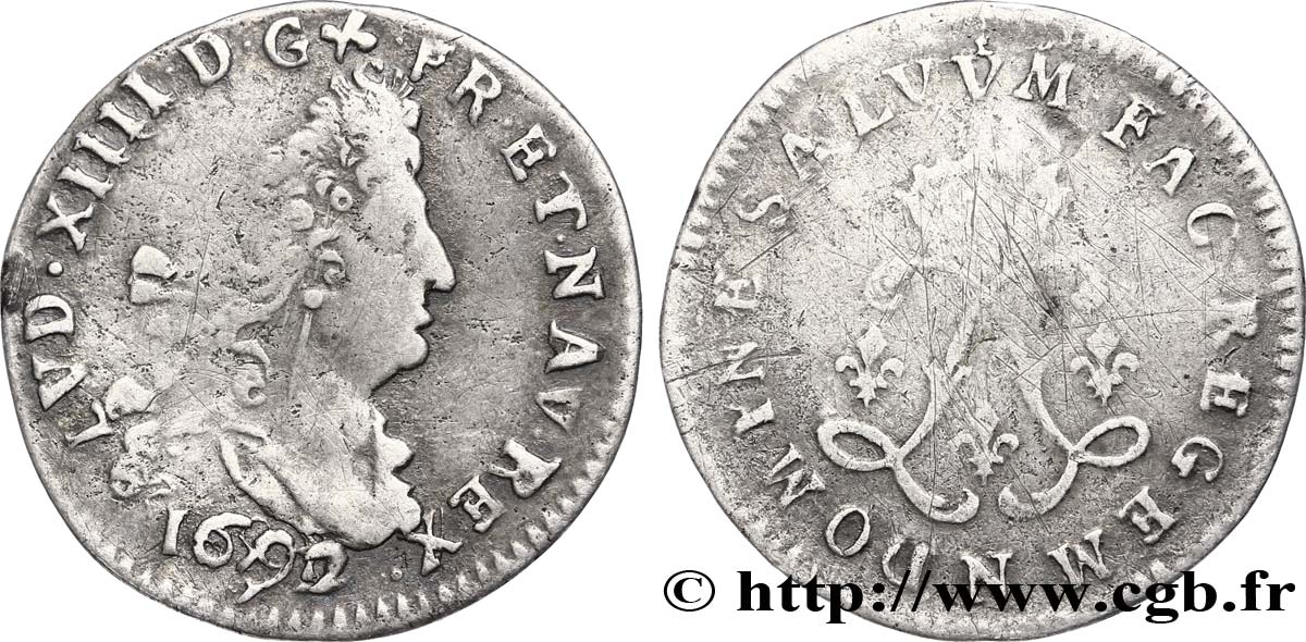 LOUIS XIV LE GRAND OU LE ROI SOLEIL Quatre sols aux deux L 1692 Montpellier TB+
