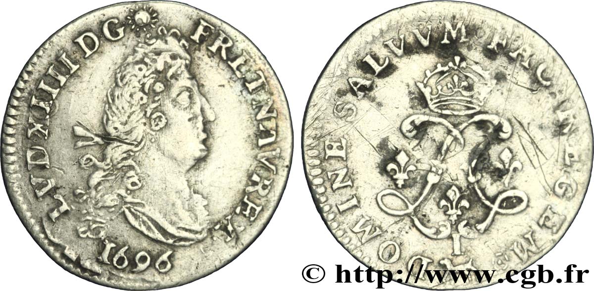 LOUIS XIV LE GRAND OU LE ROI SOLEIL Quatre sols aux deux L 1696 Limoges TTB