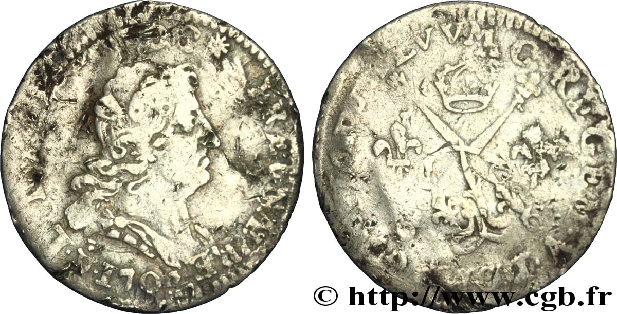 LOUIS XIV  THE SUN KING  Cinq sols aux insignes 1702 s.l. fS/SS