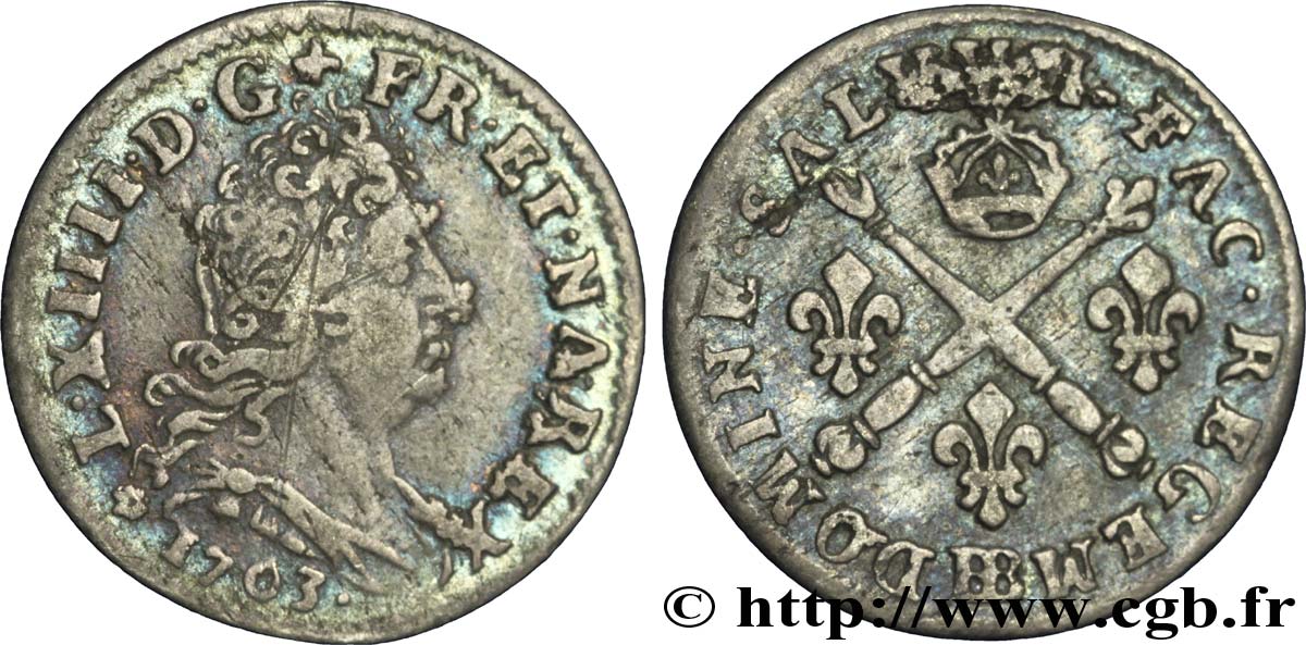 LOUIS XIV LE GRAND OU LE ROI SOLEIL Cinq sols aux insignes 1703 Strasbourg TB+