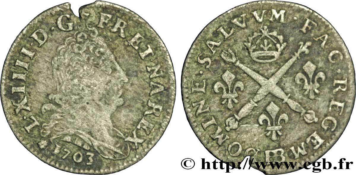LOUIS XIV  THE SUN KING  Cinq sols aux insignes 1703 Strasbourg BC+