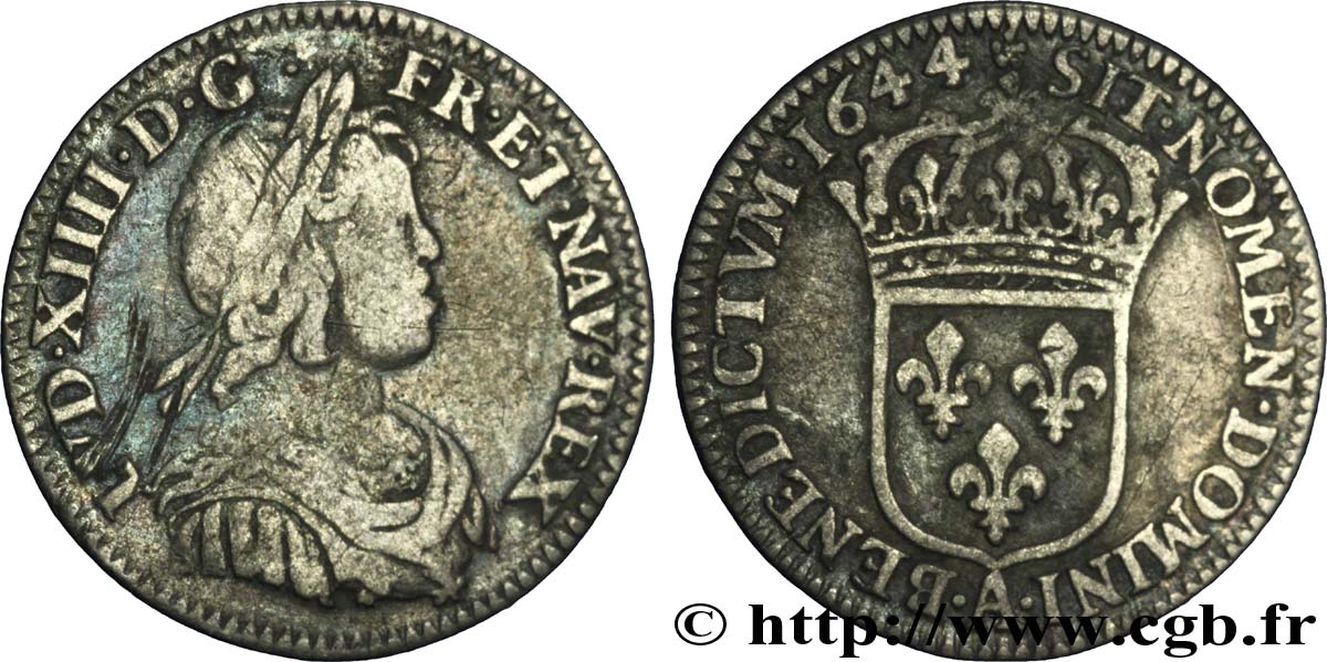 LOUIS XIV LE GRAND OU LE ROI SOLEIL Douzième d écu, portrait à la mèche courte 1644 Paris, Monnaie de Matignon TB