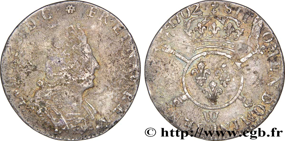 LOUIS XIV LE GRAND OU LE ROI SOLEIL Douzième d&nbsp;écu aux insignes 1702 Lille B/TB